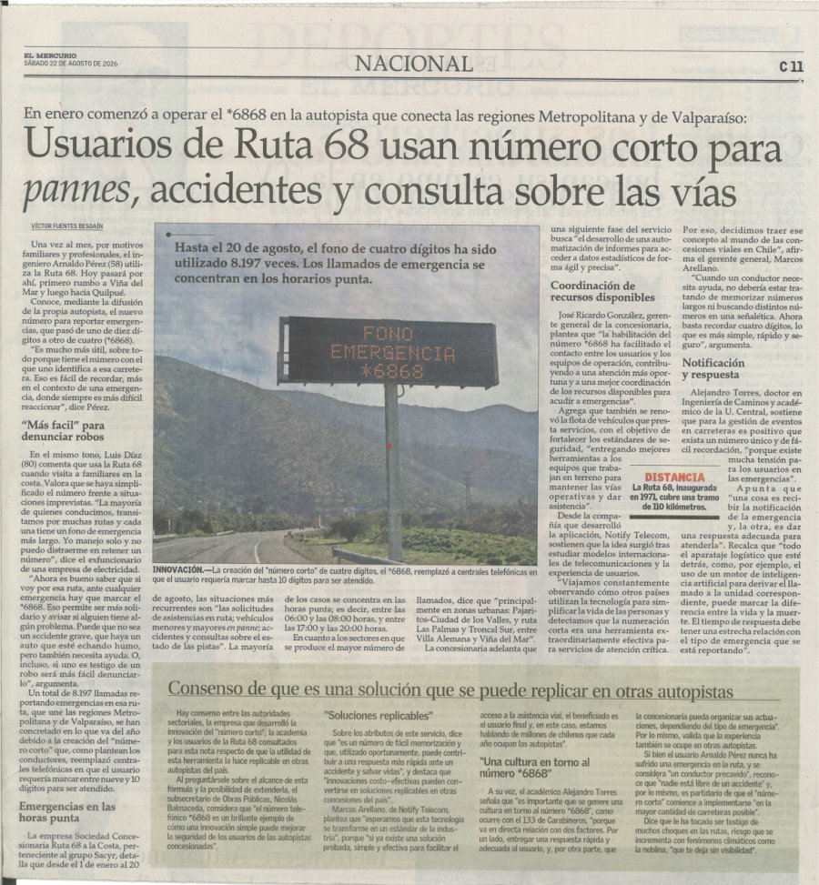 El Mercurio front page, August 22, 2026